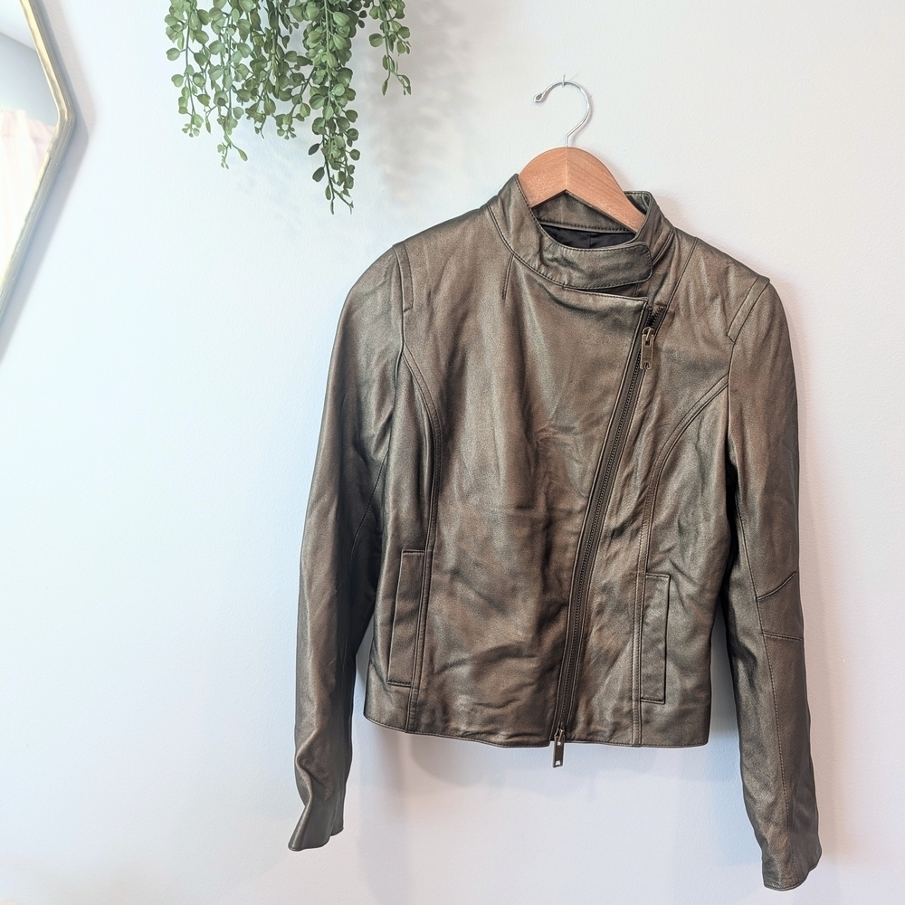 DKNYC Metallic Olive Green Leather Moto Jacket